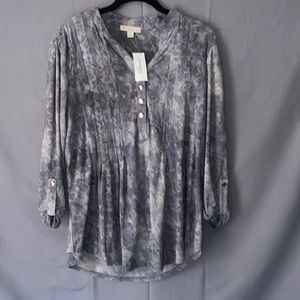 Pleated embroidered 1/4th Button Down - NWT